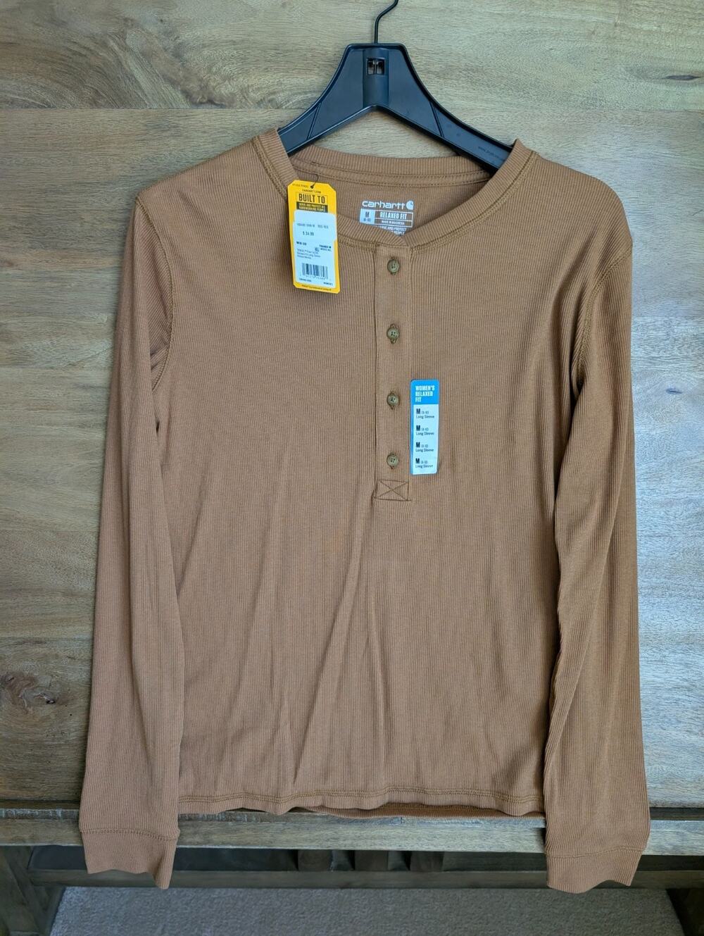 NWT Carhartt Ribbed Henley Shirt Womens M Brown Relaxed Fit Long Sleeve TK6480-W